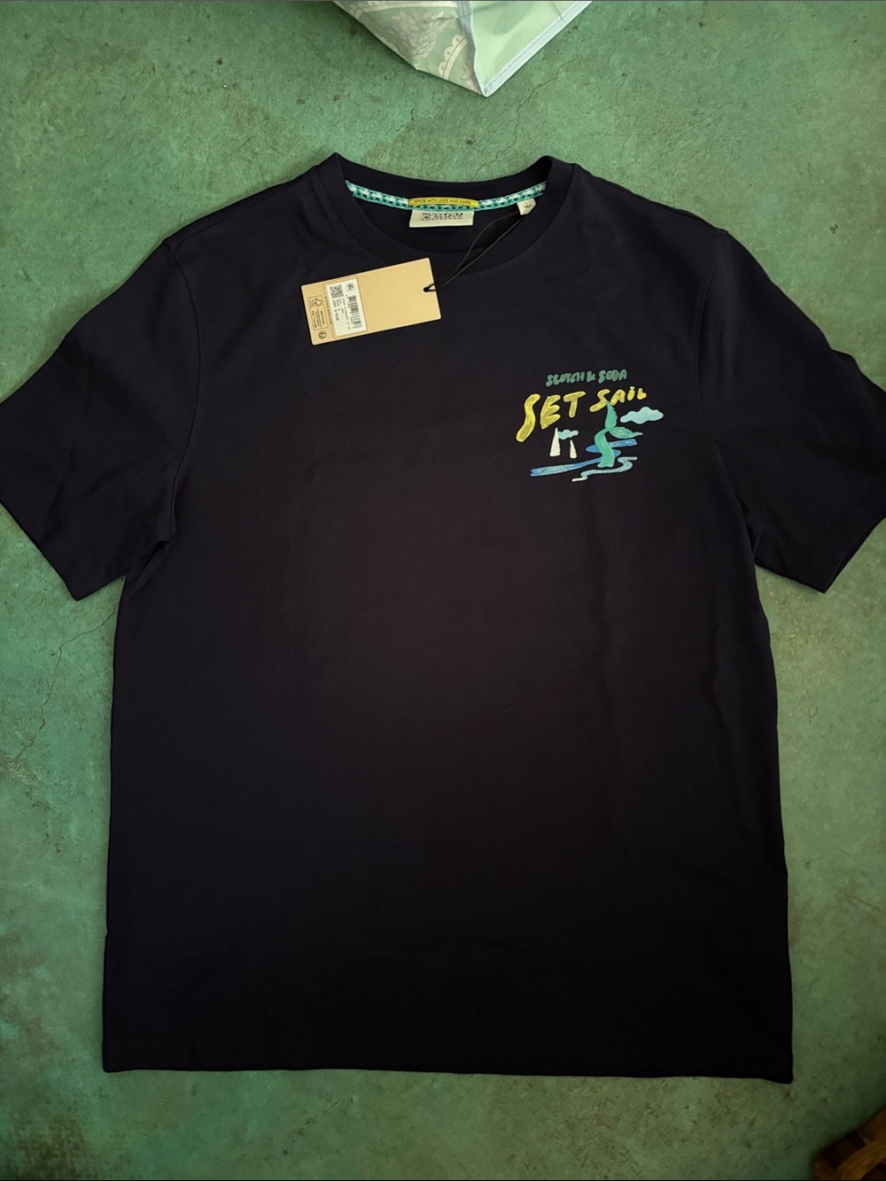 Scotch & Soda Black Tee with Yellow & Light Blue 'Set Sail' Graphic